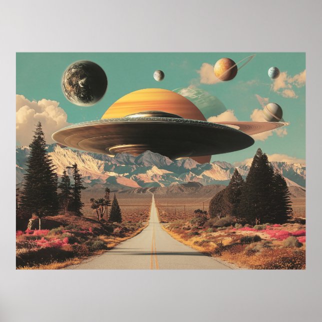 Surreal Landscape with Road, UFO and Saturn  Poster (Front)