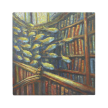 Surreal Library with Floating Fish and Books