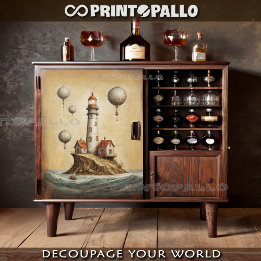 Surreal lighthouse with air balloons on parchment tissue paper