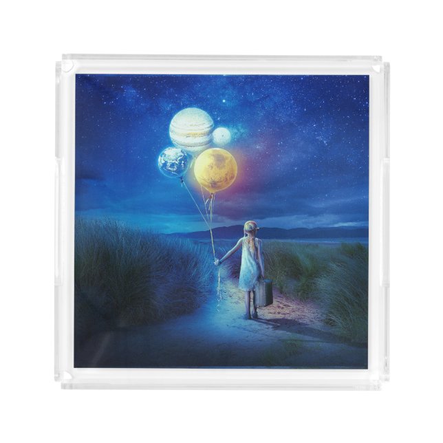 Surreal Little Girl Leaving Home for Other Worlds Acrylic Tray (Front)