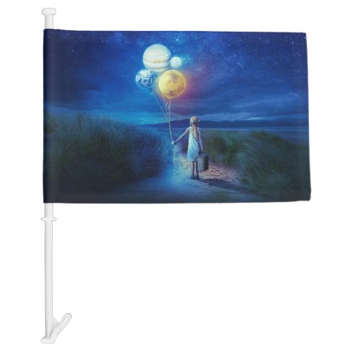 Surreal Little Girl Leaving Home for Other Worlds Car Flag