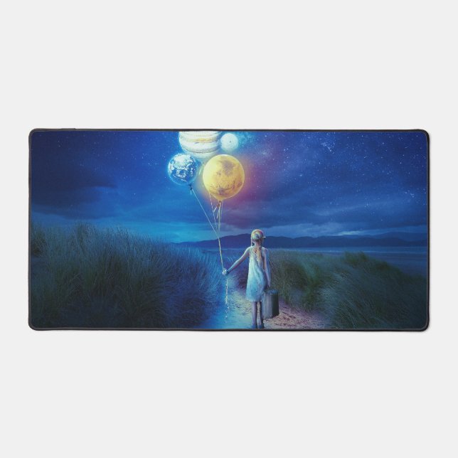 Surreal Little Girl Leaving Home for Other Worlds Desk Mat (Front)