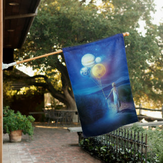 Surreal Little Girl Leaving Home for Other Worlds House Flag