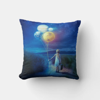 Surreal Little Girl Leaving Home for Other Worlds Throw Pillow