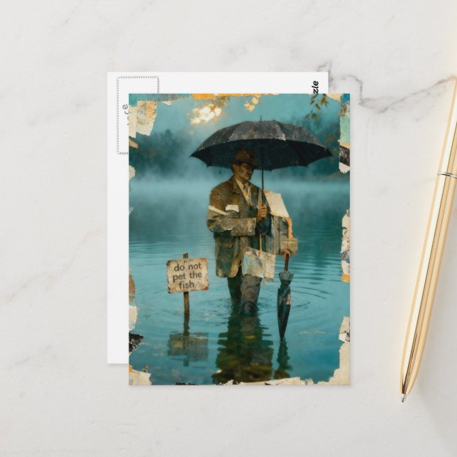 Surreal Man With Umbrellas Do Not Pet the Fish  Postcard (Front/Back In Situ)