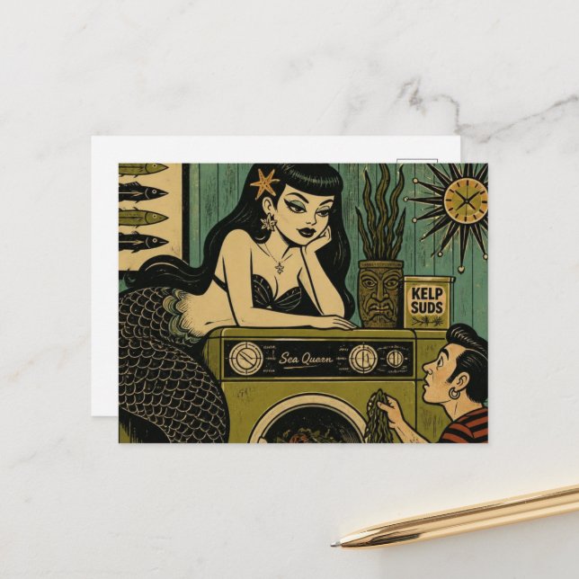 Surreal Mid Century Sea Siren Laundry Day Postcard (Front/Back In Situ)