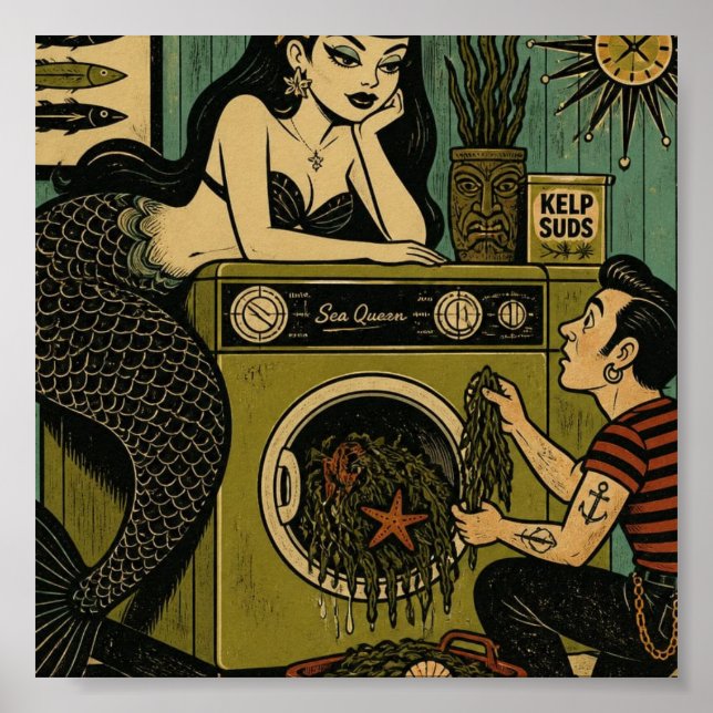 Surreal Mid Century Sea Siren Laundry Day Poster (Front)