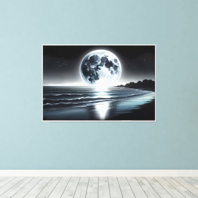 Surreal Moonrise Over Tranquil Ocean Shore Canvas Print (Insitu(Wood Floor))