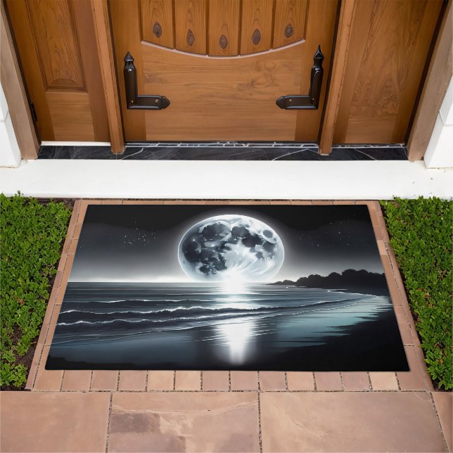 Surreal Moonrise Over Tranquil Ocean Shore Doormat (Outdoor)