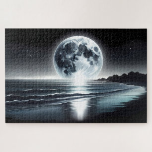 Surreal Moonrise Over Tranquil Ocean Shore Jigsaw Puzzle