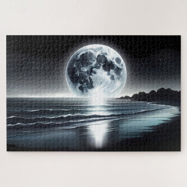 Surreal Moonrise Over Tranquil Ocean Shore Jigsaw Puzzle (Horizontal)