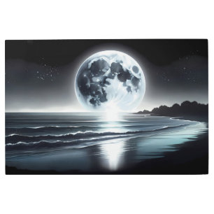 Surreal Moonrise Over Tranquil Ocean Shore Metal Print