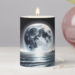 Surreal Moonrise Over Tranquil Ocean Shore Pillar Candle