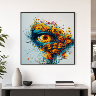 Surreal Mother Nature Eye Yellow Teal Wildflowers Poster