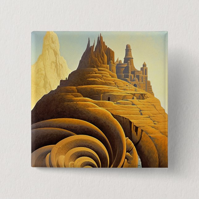 Surreal Mountain City Fantasy Art Button (Front)