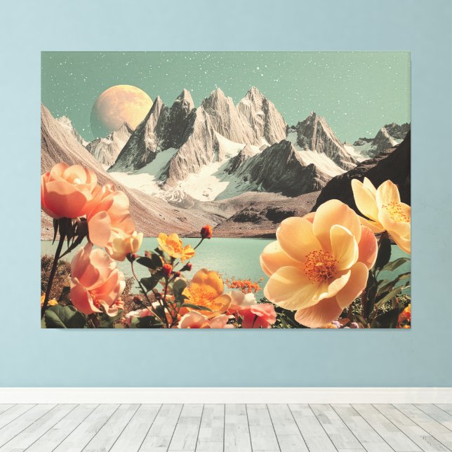 Surreal Mountain Landscape With Blooming Flowers Canvas Print (Insitu(Wood Floor))