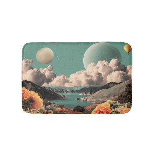 Surreal Mountain Landscape with Planets and Clouds Bath Mat