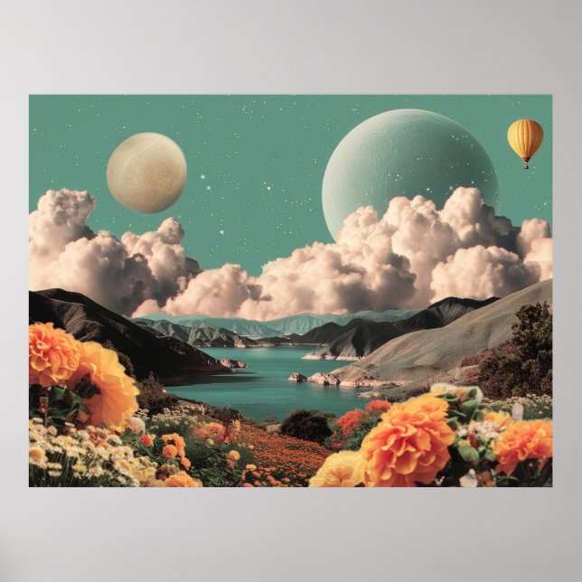 Surreal Mountain Landscape with Planets and Clouds Poster (Front)