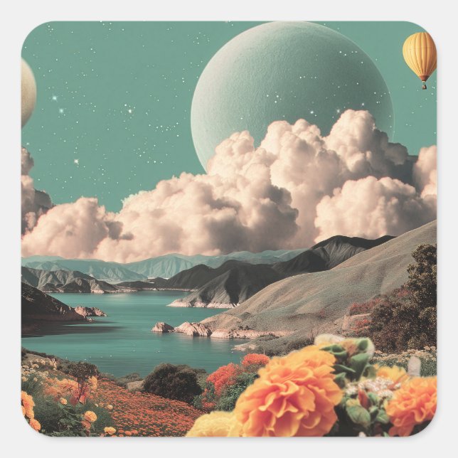 Surreal Mountain Landscape with Planets and Clouds Square Sticker (Front)