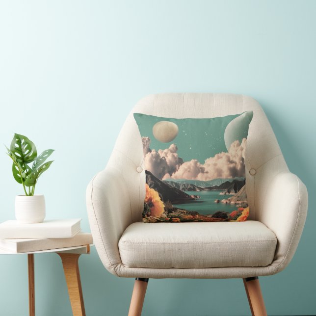 Surreal Mountain Landscape with Planets and Clouds Throw Pillow (Chair)
