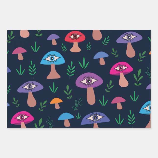 Surreal Mushroom Pattern with Eyes Pattern  Wrapping Paper Sheets (Front)