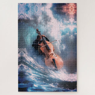 Surreal Music Man Playing Cello in Ocean Waves Jigsaw Puzzle