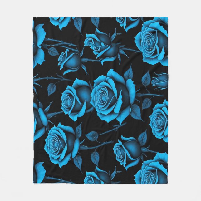 Surreal Neon Blue Roses Fleece Blanket (Front)