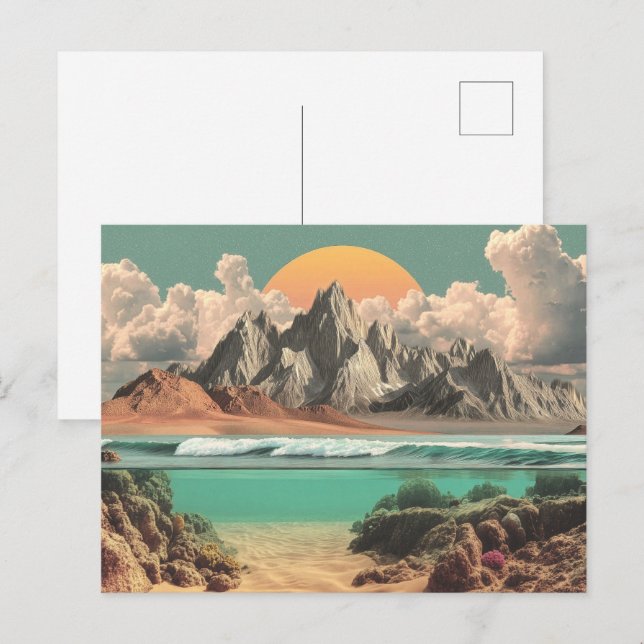 Surreal Ocean and Mountain Landscape with Waves Postcard (Front/Back)