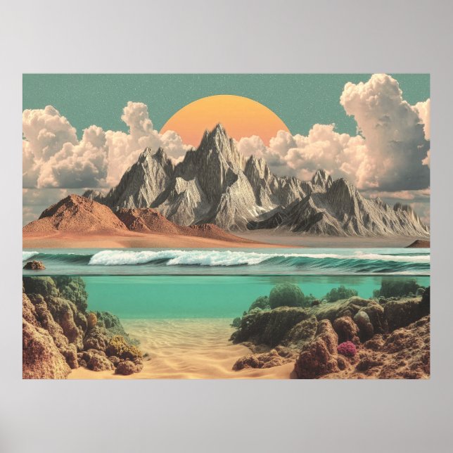 Surreal Ocean and Mountain Landscape with Waves Poster (Front)
