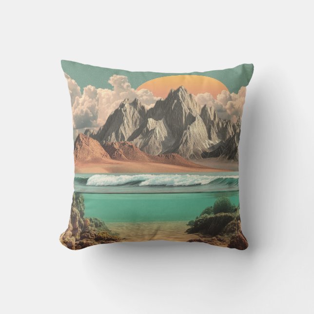 Surreal Ocean and Mountain Landscape with Waves Throw Pillow (Front)