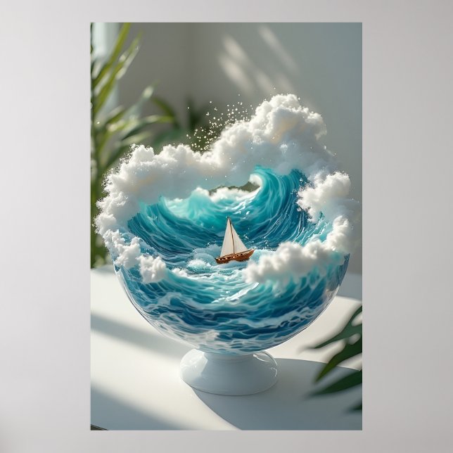 🌊 Surreal Ocean in Glass Globe Tiny Sailboat✨ Poster (Front)