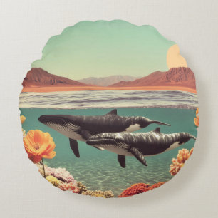 Surreal Ocean Scene With Whales And Coral Round Pillow