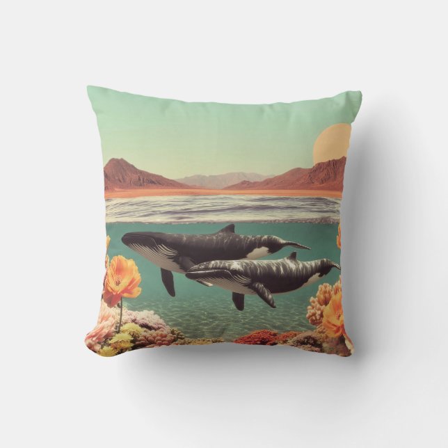 Surreal Ocean Scene With Whales And Coral Throw Pillow (Front)