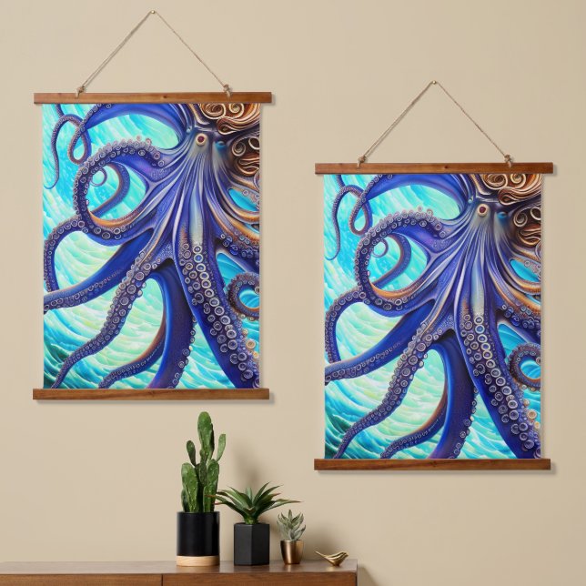 Surreal Octopus Blue Ocean Wave Impressionism  Hanging Tapestry (Asymmetrical)