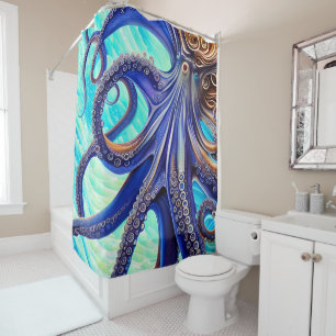 Surreal Octopus Blue Ocean Wave Impressionism Shower Curtain