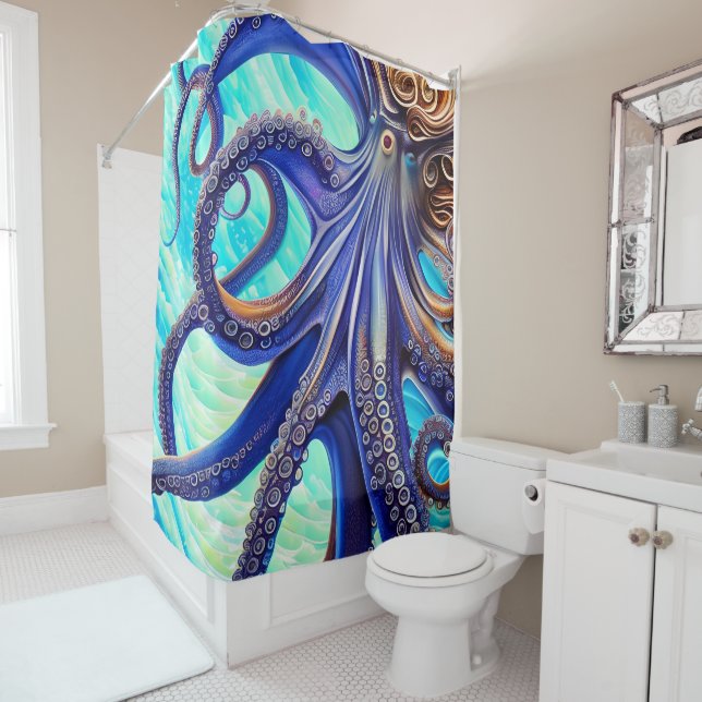 Surreal Octopus Blue Ocean Wave Impressionism Shower Curtain (In Situ)