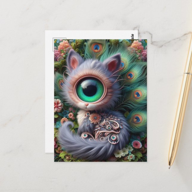 Surreal One Eyed Grey Kitty Postcard (Front/Back In Situ)