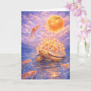 Surreal Orange turtle birthday cake and koi fish Card