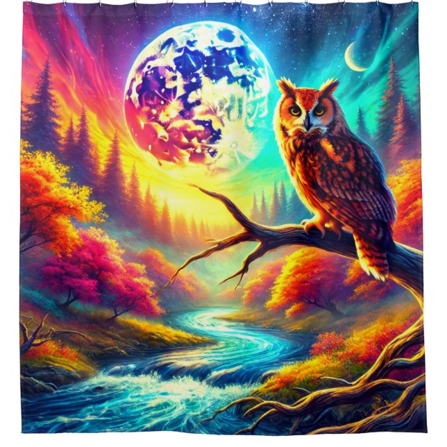 Surreal Owl Moon Landscape Shower Curtain (Front)