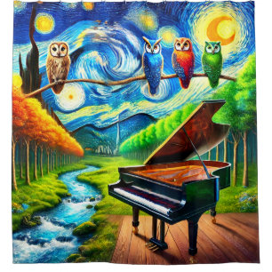 Surreal Owls Piano Dreamscape Shower Curtain