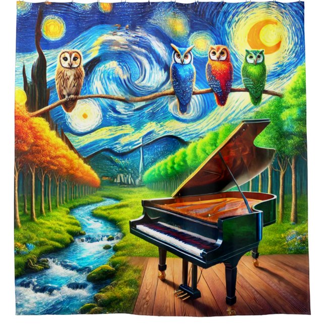 Surreal Owls Piano Dreamscape Shower Curtain (Front)
