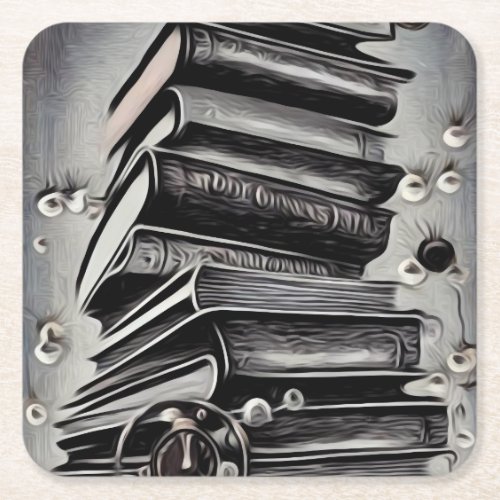 Surreal Painted Book Stack Square Paper Coaster
