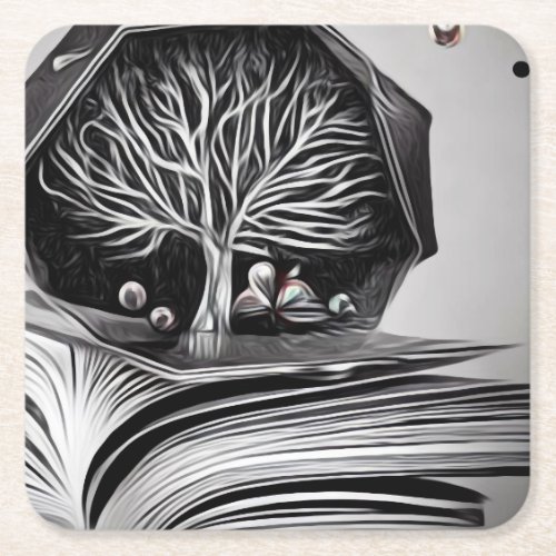 Surreal Painted Book  Tree Square Paper Coaster