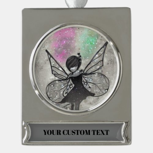 Surreal Painted Grunge Black Dress Fairy Silver Plated Banner Ornament