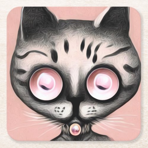 Surreal Painted Pink Eyes Cat Square Paper Coaster