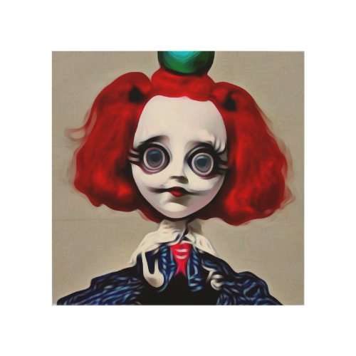 Surreal Painted Sad Clown Doll Wood Wall Art