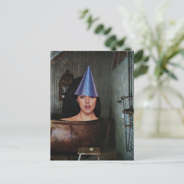 Surreal Party woman rustic copper bathtub collage Postcard (Standing Front)