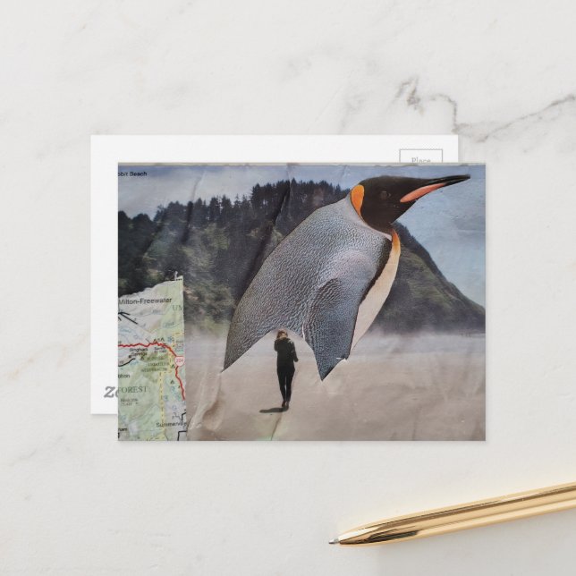 Surreal Penguin on the Beach Collage Postcard (Front/Back In Situ)