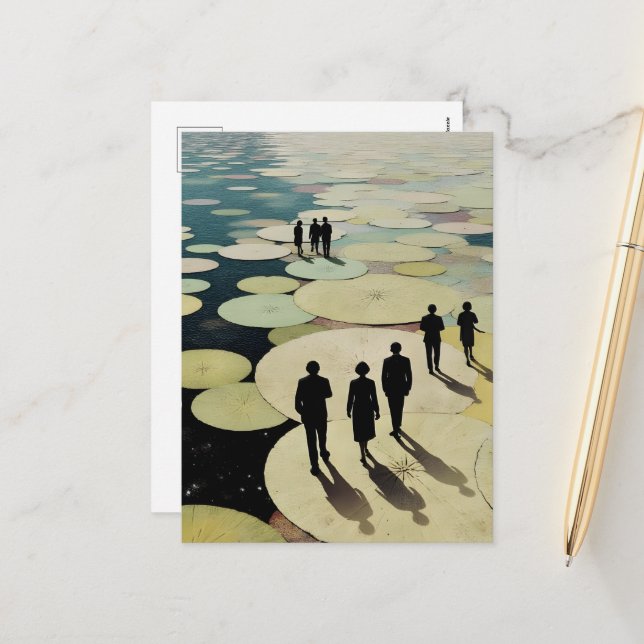 Surreal People Walking on Lily Pads Holiday Postcard (Front/Back In Situ)