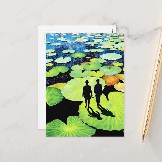 Surreal People Walking on Lily Pads Holiday Postcard (Front/Back In Situ)